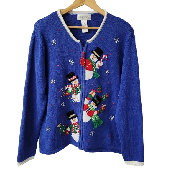 Vintage Knit Snowman Cardigan Front Zip 